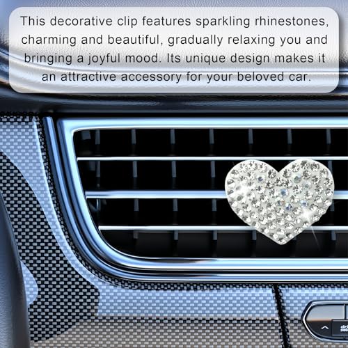 EKUWU Bling Heart Rhinestone Air Vent Clips, 6 PCS Sparkling Crystal Heart Vent Clips Car Accessories Interior, Car Decorations for Women Girls Auto SUV (Silver) - Thumbnail 3