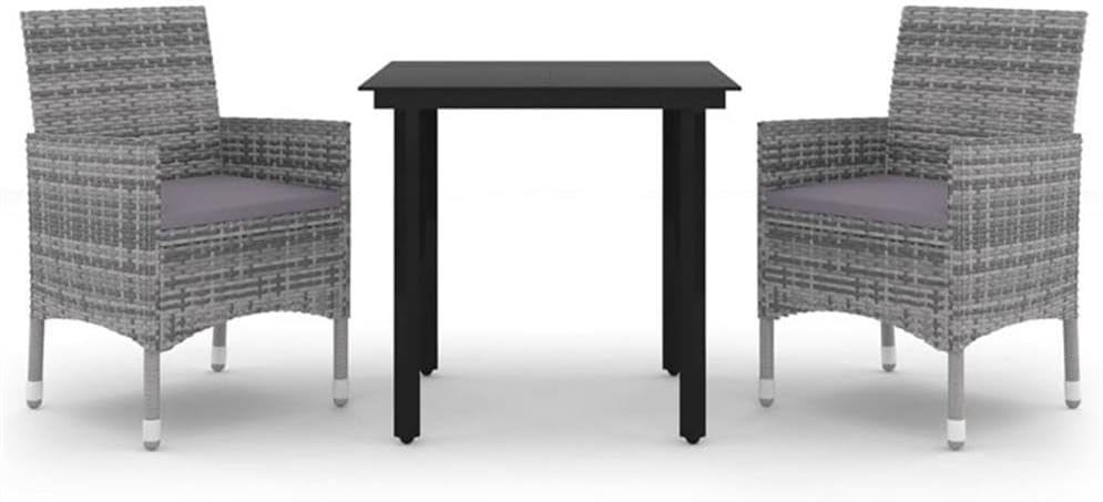 BOWERY HILL 3-Piece Garden Dining Set, PE Rattan and Glass, Gray/Dark Gray/Black Finish, Weather-Resistant, Includes Rectangular Table, 2 Chairs, and Cushions, Modern Style for Patio, Balcony, or