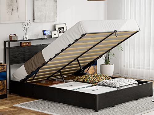 IKIFLY-Queen-Size-Lift-Up-Storage-Bed-with-Storage-Shelf-Headboard-Metal-Queen-Platform-Bed-Frame-with-Charging-Station-Solid-Wood-Slats-No-Box-Spring-NeededEasy-Assembly-Black