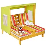 GOPLUS Kinder Doppel-Sonnenliege mit Sonnendach, Doppelte Kinderliege mit Getränkehalter&Kissen für Strand&Garten&Outdoor, Holzliege für 2-Personen, Gartenliege für Kinder, belastbar bis 50kg