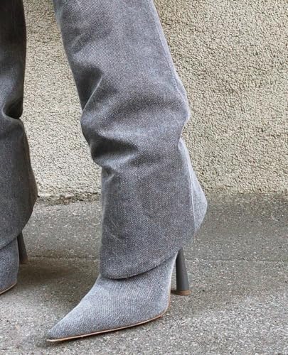 Women's Leather Knee High Boots Fold Over Long Boots For Women Pointed Toe Stiletto Heel Dress Boot For Ladies Nude4