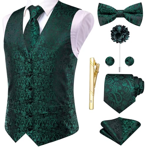 Hi-Tie Mens Dark Green Silk Waistcoat Vest Set and Bow Tie Necktie Lapel Pin Gold Tie Clip Paisley Floral Waistcoat 8PCS Set Tuxedo Wedding Party