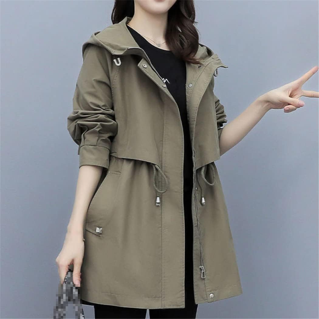 YTR6TW Spring And Autumn Women's Mid-Length Trench Coat Hooded Zipper Tie-In Jackets British Style Loose Coats