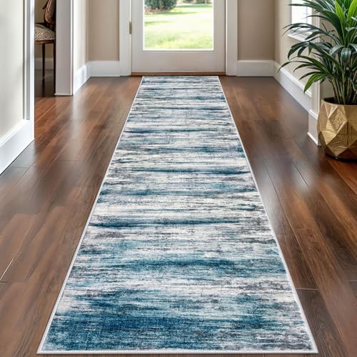 KOZYFLY Modern Abstract Runner Rug, 2x8 Kitchen Rugs Non-Slip Washable Soft Striped Hallway Runner Rugs, Print Distressed Blue Carpet Runner for Entryway Bathroom Laundry Room Foyer