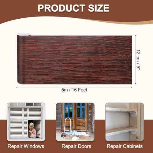 Image of MECCANIXITY Wood Grain Repair Tape, 5 Inch x 16 Feet Self Adhesive Wood Grain Tape Multi-Purpose Wallpaper Border Trim for Furniture Floors Windows Doors Tables Home, Dark Red