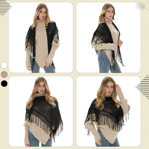 3 Pcs Fringe Shrug Sweaters for Women Shawl Front Warp Cardigan Hollow Out Knitted Shawl Sweaters for Winter, White, Black, Khaki2