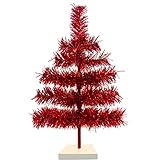 18in Red Tinsel Christmas Tree Artificial Flame Resistant Branches Indoor Outdoor, Stand Included 1.5FT