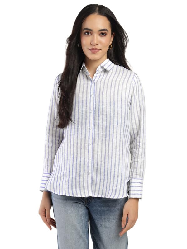 hancock White & Blue Striped Spread Collar Pure Linen Relaxed Fit Formal Shirt-picture-39