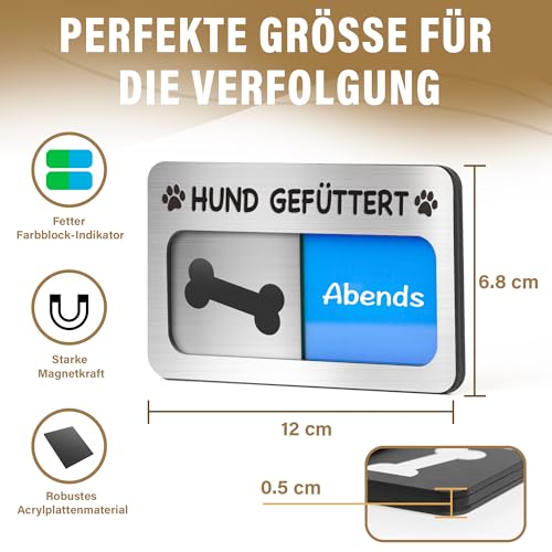 Magnet 'Hund Gefüttert' Futteranzeige – Praktische Fütterungshilfe & Erinnerung (Morgens/Abends), Acryl Silber gebürstet, Haftet magnetisch, inkl, 2 Paar Klebepads, 12 x 6.8 cm