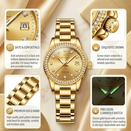 Image of OLEVS Women's Automatic Watch Luxury Mechanical Stainless Steel Two Tone Waterproof Self Winding Dress Small Ladies with Date Diamond Elegant Casual Business Wristwatch Gold /Blue /Black /White