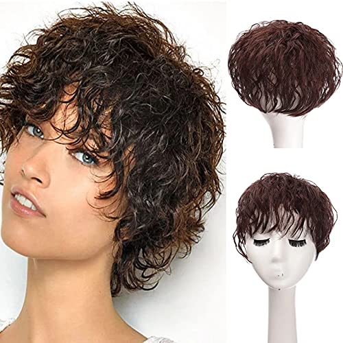 ZMVA Human Hair Topper With Bangs Clip In Hair Extensions Wavy Black Brown Hair Pieces for Women cover the white hair (Brown), 13*14CM