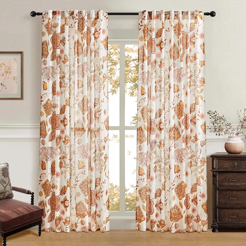 Image of Terracotta Floral Linen Curtains for Living Room Dining 96 Inches Long 2 Panels Back Tab Vintage Farmhouse Flower Pattern Window Drapes Semi Sheer Light Filtering Bedroom Burnt Orange Autumn Fall