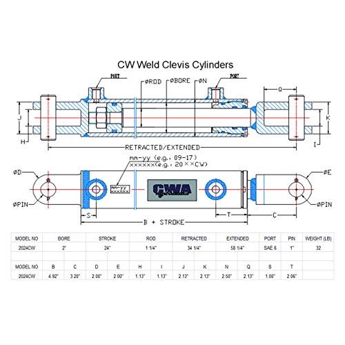 Image of CW Weld Clevis Cylinder 2 inch Bore x 24 inch Stroke x 1 1 /4 inch Rod x SAE 6 Port x 3000 PSI
