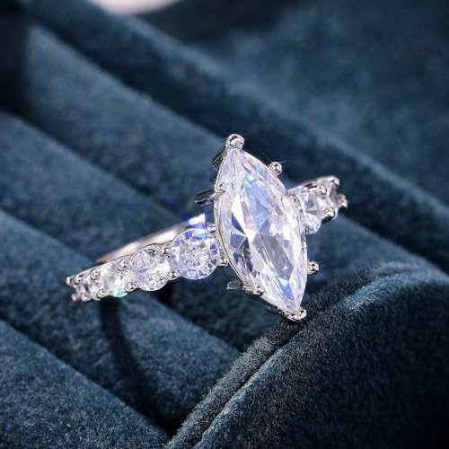 Brilliant Marquise Shaped and Round Cut Wedding Engagement Bands Rings Sterling Silver Cubic Zirconia CZ Promise Statement Solitaire Ring for Women2