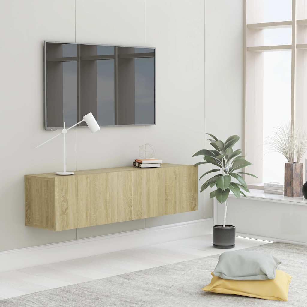 Szafka pod telewizor, dąb Sonoma, 120 x 30 x 30 cm, wiszący materiał drewnopochodny, nowoczesne centrum multimedialne do salonu, sypialni, wytrzymały stojak pod telewizor z 2 drzwiami
