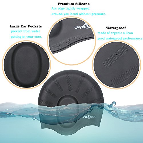 Phelrena Swimming Cap Waterproof Premium Silicone Solid Long Hair Earmuffs Swim Cap Flexible Reversible For Adults Kids Women Men, Keeps Hair Clean Ear Dry, Free With Nose Clip And Ear Plugs #TOP3