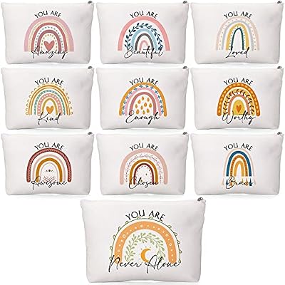 Coume 10 Pcs Canvas Makeup Bags Bulk, Inspirational Quotes Cosmetic Zipper Encouragement Travel Pouch Toiletry Bag for Women Teacher Friend CNA Nurse(Multicolor,Rainbow)