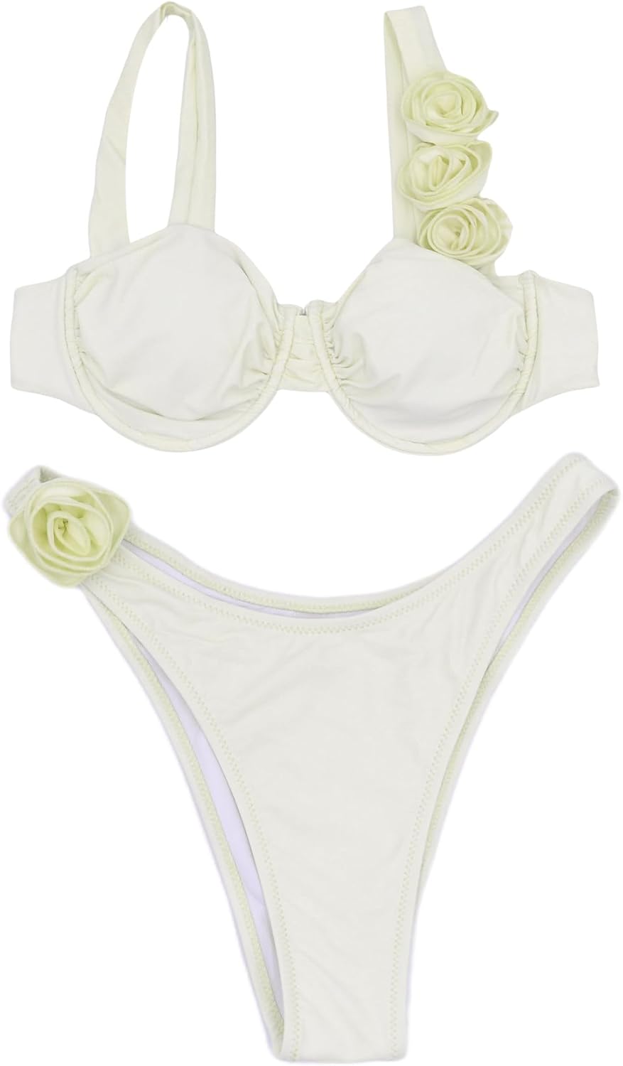 Women's 2 Piece Rose Floral Appliques Bikini Set Elegant Ruched Underwire Swimsuit High Cut Bathing Suit