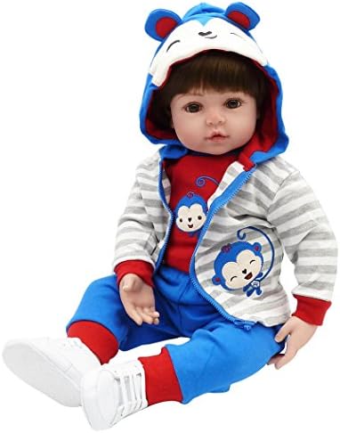 Seedollia Lifelike Reborn Baby Dolls Toddler Boys Eyes Open Silicone Vinyl Monkey Patterns Outfit Fiber Hair 24 Inch