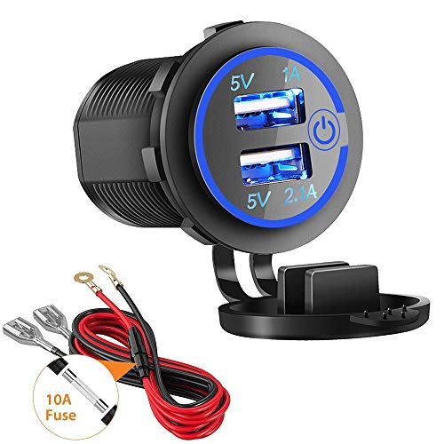 Dual USB Charger Socket, 1A & 2.1A Waterproof 12V/24V Dual USB Fast Charger Socket Power Outlet with Touch Switch for Car Marine, Boat, Motorcycle, Truck and More(3.1A-Blue)