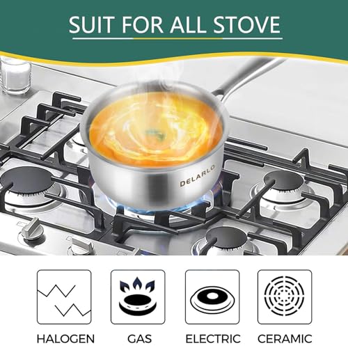 Image of DELARLO Tri-Ply Stainless Steel Induction Saucepan, 1.5 QT with Lid, All Stove Compatible 600, Small Pots for Cooking, Heavy Duty Saucier, Dishwasher Safe