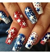 24Pcs Fourth of July Press on Nails Long Fake Nails with Glitter Red White Blue Star Designs Fren...