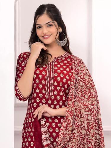 Image of Tee Projekt Women's Cotton Blend Floral Straight Kurta Pant with Dupatta Set ll Mandarin Collar