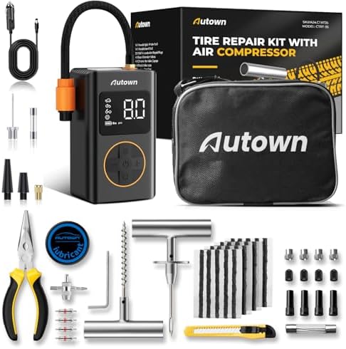 AUTOWN 56-teiliges Reifenreparaturset Auto mit Elektrischer Luftpumpe | Auto-Stopp & LED-Anzeige,150PSI&12V Tragbar Luftpumpe Auto, Autoreifen Reparaturset für PKW, LKW, Motorrad,