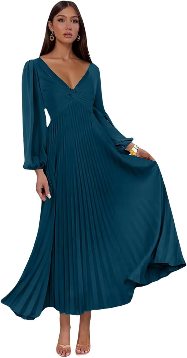 Long Sleeves Wedding Guest Dresses V Neck Pleated Satin Bridesmaid Dress Maxi Formal Gowns