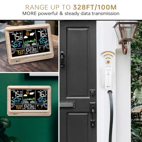 Weather Station Indoor Outdoor Thermometer Wireless, Home Atomic Clock with Large Constant Display, Inside Outside Temperature Humidity Monitor, Dew Heat Point, Barometer Wood