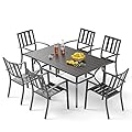 PHI VILLA 7 Piece Outdoor Dining Set for 6, 60” Rectangular Metal Steel Dining Table with Umbrella Hole & Stackable Dining Chairs for Patio, Deck, Yard, Garden
