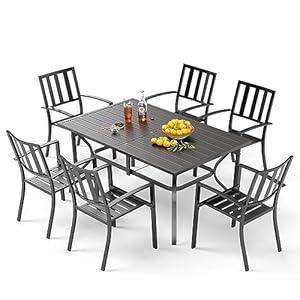 PHI VILLA 7 Piece Outdoor Dining Set for 6, 60” Rectangular Metal Steel Dining Table with Umbrella Hole & Stackable Dining Chairs for Patio, Deck, Yard, Garden