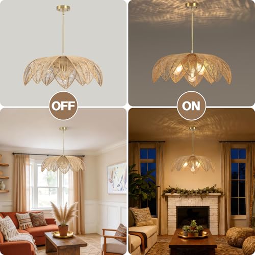 Image of 25 inch Large Rattan Boho Chandelier, 4-Light Hand-Woven Wicker Pendant Light, Farmhouse Coastal Hanging Lighting Fixture for Dining Room, Kitchen Island, Living Room, Bedroom & Foyer