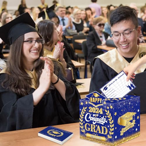 Class of 2024 Graduation Cards Box with 36PCS Graduation Advice Cards Giant Guest Book Signature Board Blue Gold Class of 2024 High School College Graduate Congrats Grad Party Decor