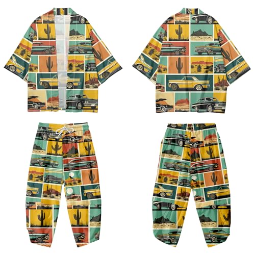 Image of DOSLAVIDA Men's Japanese Kimono Cardigan Suit Chinese Style Printed Jacket Pants Set Open Front Seven Sleeve Top & Shorts