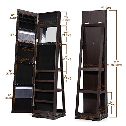 TWING Jewelry Organizer Jewelry Cabinet 360 Rotating, Lockable Standing Wall Jewelry Armoire with Full Length Mirror Large Jewelry Armoire Cabinet(Brown) - Thumbnail 4
