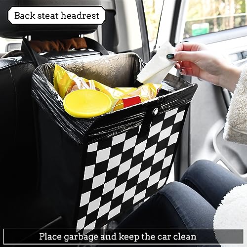 Image of Car Trash Can Car Organizer Car Garbage Can with Adjustable Strap for Back Front Seat Console Waterproof Leakproof Collapsible Portable 8.66 Inch Checkerboard