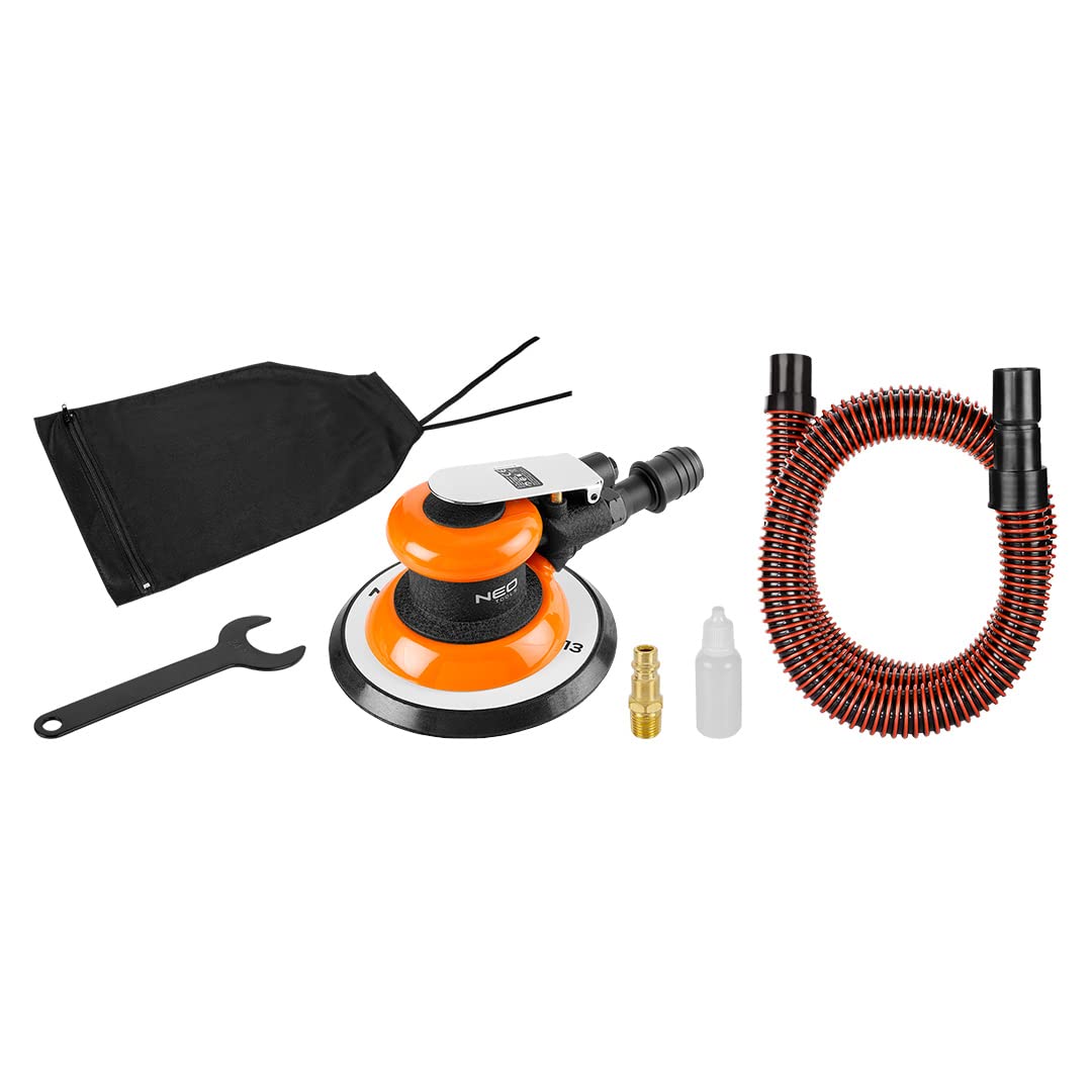 NEO TOOLS Smerigliatrice orbitale pneumatica, diametro disco 125/150, 12000 giri/min, aspirazione polvere, pressione di esercizio 6,3 bar, consumo medio d'aria 133 l/min, attacco 1/4", tubo 3/8"