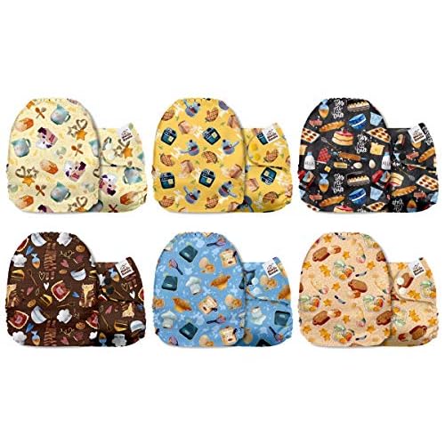 Mama Koala 3.0 Cloth Diapers for Babies with AWJ Lining, 6 Pack with 12 5-Layer Bboo(No Microfiber) Cloth Diaper Inserts - Reusable and Washable Pocket Diapers(12-My Warm Heart)