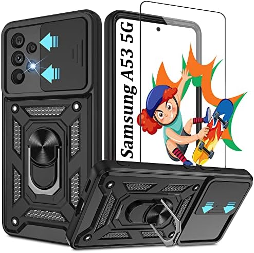 Jshru Samsung A53 Case with Screen Protector,A53 5G 8FT Military Grade Anti-Scratch and Shockproof Cover,[Camera Protection] and Ring Kickstand Case for Samsung Galaxy A53 5G,Black