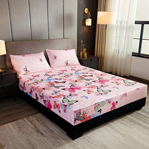 Lamejor Butterfly Bed Sheet Set Queen Size Deep Pockets Easy Fit Hotel Luxury 4 Piece - 1 Flat Sheet, 1 Fitted Sheet, 2 Pillowcases Pink #TOP1