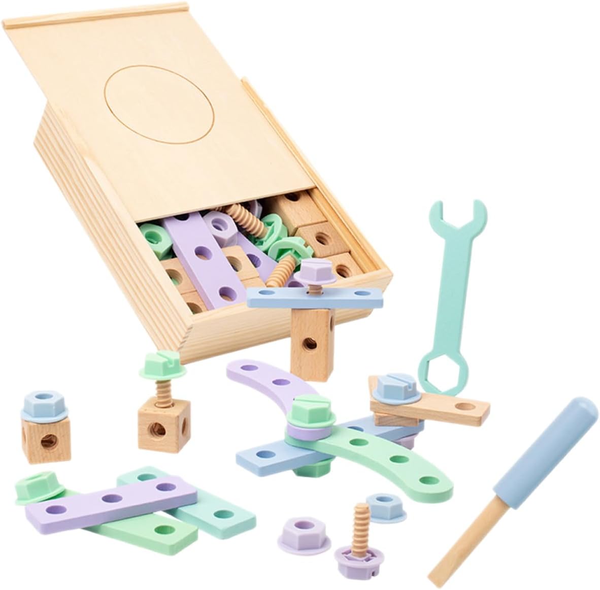 1set Wooden Tool Box for Boys and Girls Early Educational Construction Playset Promotes Hand-Eye Coordination Creativity and Cognitive Development Safe Wooden Materials