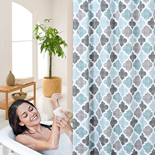 Haperlare Fabric Shower Curtain, Aqua Cotton Blend Fabric For Bathroom Showers And Bathtubs, Geometric Pattern Heavy Textured Fabric Shower Curtain For Bathroom, 72" X 72", Gray/Aqua #TOP5