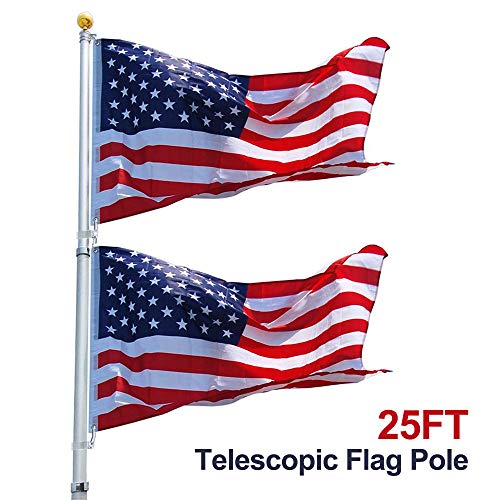 Instahibit 25FT Telescopic Aluminum Flag Pole Kit Fly 2 Flags Free 3x5 US
