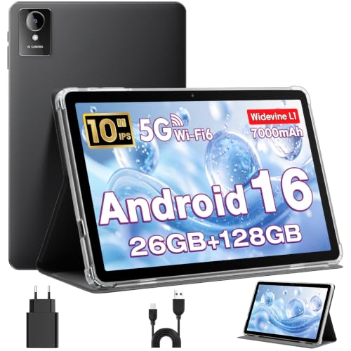MENTUME Tablet 10 Zoll, Android 16 Tablet mit Hülle, Unisoc T606 CPU, 26 GB RAM + 128 GB ROM + 1 TB TF, 1280x800 HD IPS Display, 7000 mAh Akku, Duale Kamera, WiFi 6, BT 5.0, Widevine L1, GPS (K50)