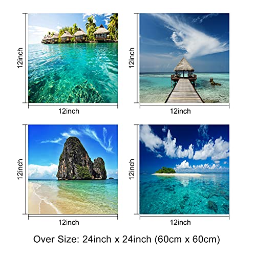 Blue Teal Natural Seaside Landscape Wall Art Pictures, 4 Panels Beach Dreamed Place Coastal Wall Decor, Island Seascape Canvas Prints For Living Room Kitchen Bathroom, Size 12'' X 12'' X 4 #TOP5