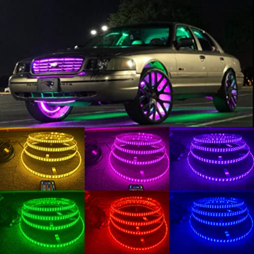 FIA 15.5'' RGB Double Row LED Wheel Ring Light Kit IP68 Waterproof Brightest w/Braking Functionand for Car Truck 4 Ring Kit Super Bright Blue-Tooth App Controlled
