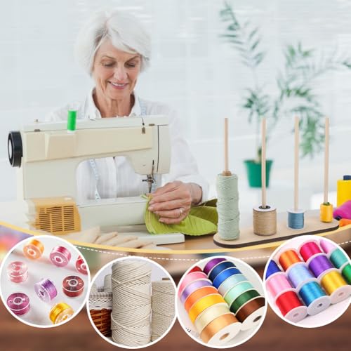 Image of PH PandaHall Wooden Ribbon Rack Storage Ribbon Organizer Spool Holder Wire Spool Stand Holder for Sewing Craft Mesh Wreath Crochet Thread Tulle Roll Florist Arts Wrapping Gift, 14.2x3.8x11.8inch