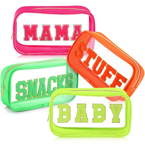 Image of SilTriangle 4 Pcs Mama and Baby Toiletry Bag Clear Chenille Letter Pouch Snacks Makeup Stuff Travel Diaper Bag Preppy Transparent Pouch with Zipper for Women Gift(Fluorescent Color)