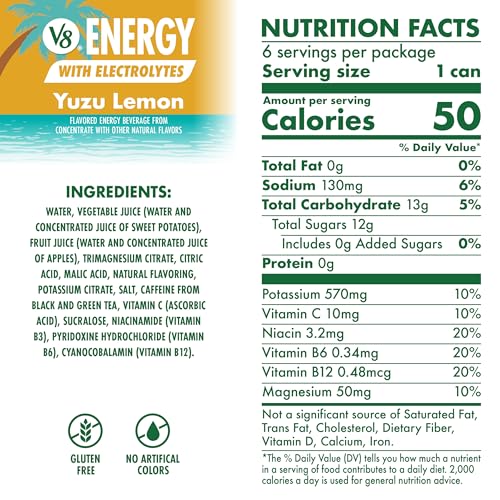 Image of V8 Energy Yuzu Lemon Energy Drink, 8 fl oz Can, 6 pack (Case of 4)